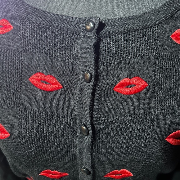 Voodoo Vixen Black Cardigan with Red Lip Print - Picture 3 of 5